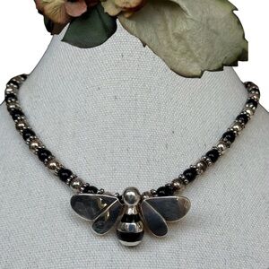 Vintage Style Silver Black Bee Bumblebee Pendant Necklace Black Silver Beads